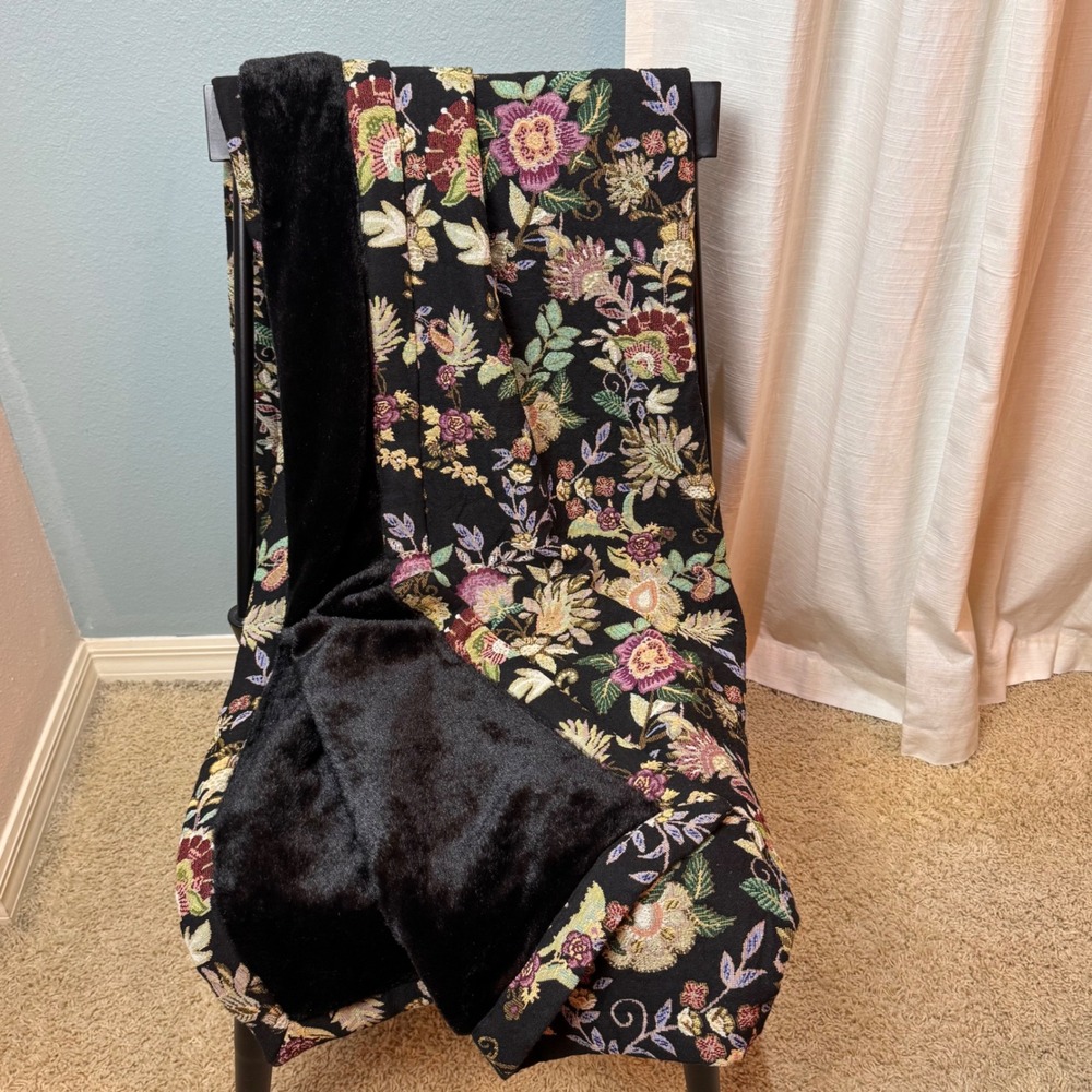 Johnny Was Throw Blanket Unisex‎ OS Black Floral Tapestry Faux Fur H10225 Boho